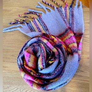 Grey pink and yellow plaid cozy scarf with tassels